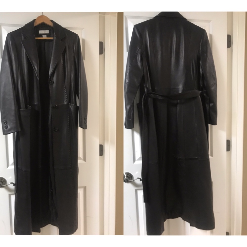Floor length black lamb skin leather trench coat